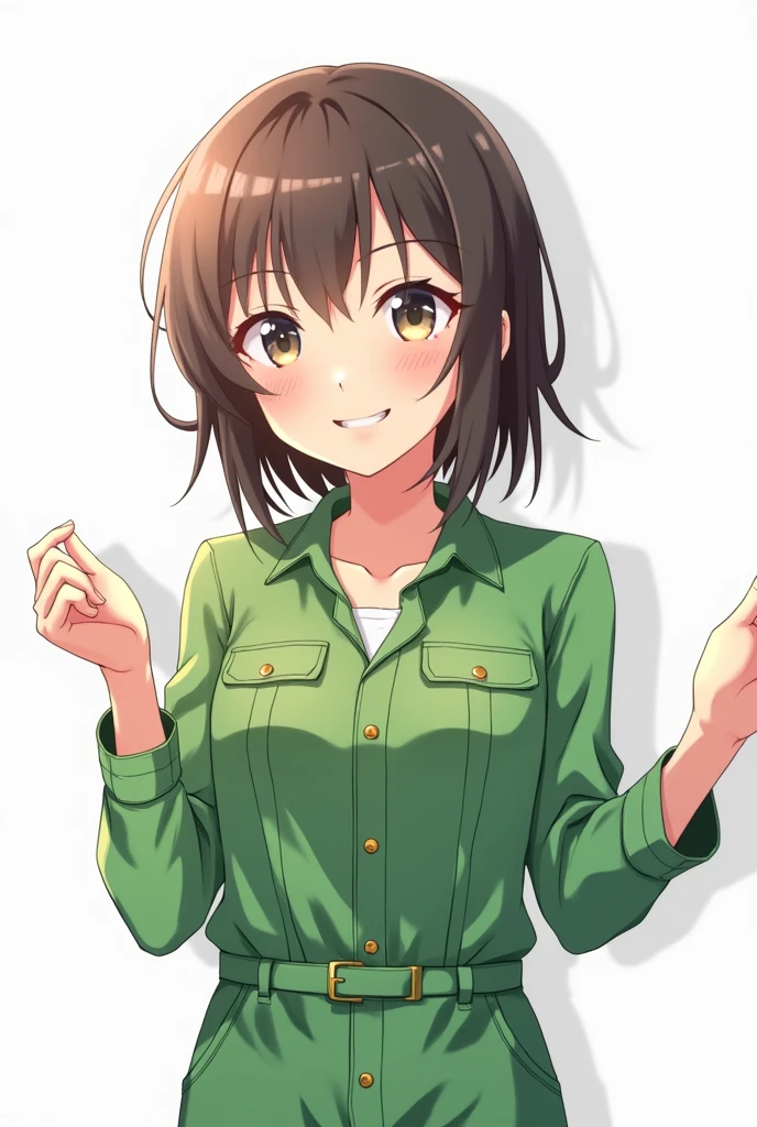 The background is white.、The anime-style girl giving the commentary is wearing a green long-sleeved jumpsuit