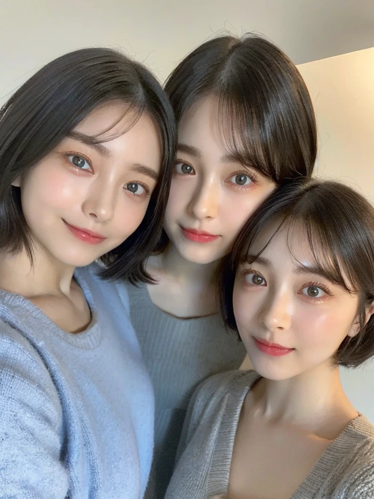 (masterpiece:1.3), (8k, Photoreal, Raw photo, best image quality: 1.4), Japanese high school girl、(random hairstyle:1.2)、cleavage:1.5、super detail face、eye for details、double eyelid、chest to chest、sharp focus:1.2、Beautiful woman:1.4、light brown hair、highest quality、masterpiece、超A high resolution、(Photoreal:1.4)、Highly detailed and professionally lit smiles、loose and light knitwear、shoulder out、thin、serious expression、short haired、deadly position
similar identical twins
All the girls have the exact same face, The two have the same face and figure, as if they were mirror images.