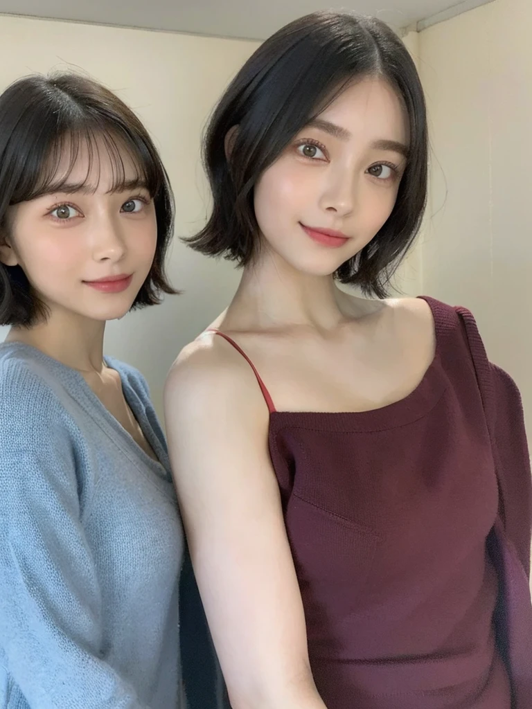 (masterpiece:1.3), (8k, Photoreal, Raw photo, best image quality: 1.4), Japanese high school girl、(random hairstyle:1.2)、cleavage:1.5、super detail face、eye for details、double eyelid、chest to chest、sharp focus:1.2、Beautiful woman:1.4、light brown hair、highest quality、masterpiece、超A high resolution、(Photoreal:1.4)、Highly detailed and professionally lit smiles、loose and light knitwear、shoulder out、thin、serious expression、short haired、deadly position
similar identical twins
All the girls have the exact same face, The two have the same face and figure, as if they were mirror images.
