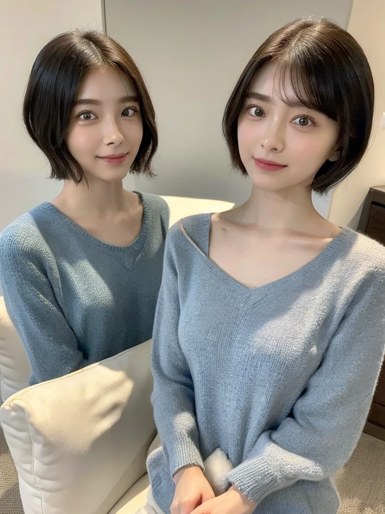 (masterpiece:1.3), (8k, Photoreal, Raw photo, best image quality: 1.4), Japanese high school girl、(random hairstyle:1.2)、cleavage:1.5、super detail face、eye for details、double eyelid、chest to chest、sharp focus:1.2、Beautiful woman:1.4、light brown hair、highest quality、masterpiece、超A high resolution、(Photoreal:1.4)、Highly detailed and professionally lit smiles、loose and light knitwear、shoulder out、thin、serious expression、short haired、deadly position
similar identical twins
All the girls have the exact same face, The two have the same face and figure, as if they were mirror images.