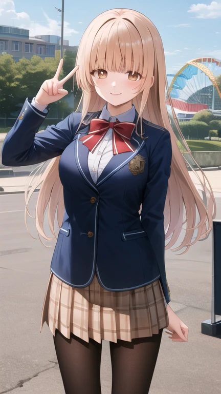 masterpiece, best quality, highres, aamahiru, long hair, red bowtie, blue jacket, blazer, long sleeves, plaid skirt, brown skirt, pantyhose, peace sign, amusement park, smile, standing