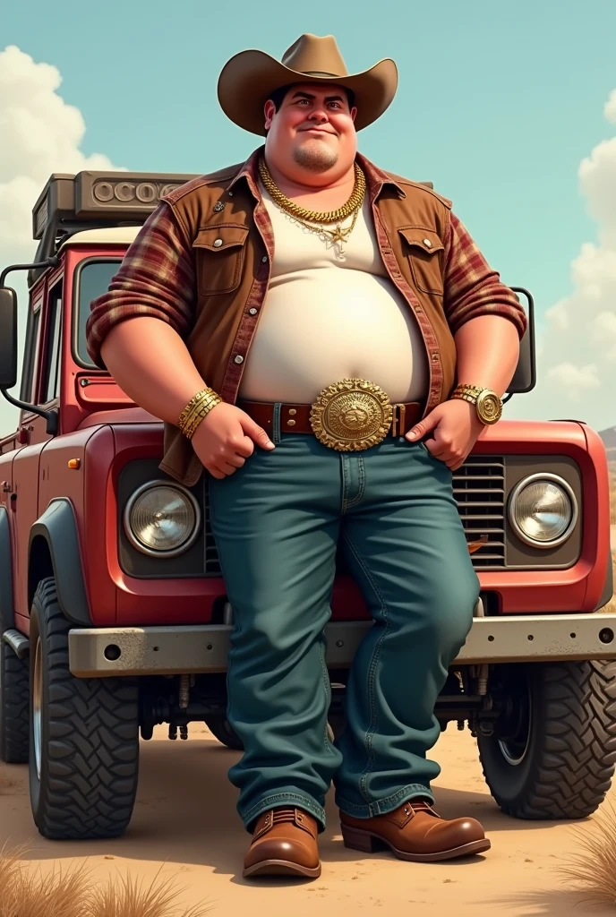 A full-body digital illustration of a young, very overweight white man with short black hair, wide shoulders, a large belly, and thin legs with thin thighs. Only his belly and face are fat, while his arms and legs are slim. He is wearing cowboy attire: a plaid shirt with the top buttons open, a leather vest, jeans, and cowboy boots. He also has a large belt buckle, a cowboy hat, a gold chain necklace, and a gold bracelet. The man has large hands and feet, standing in a pose exactly like the man in the reference image provided, leaning casually against an old, rugged off-road vehicle in a rural, dusty setting. The overall look should reflect a confident and rugged demeanor, typical of someone associated with a tough, rural lifestyle.