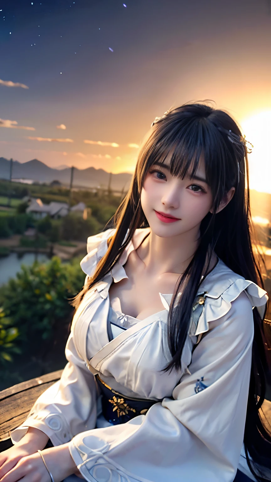 (logo、masterpiece、8k、Tabletop、RAW Photos、wonderful、最high quality、Photorealistic and very detailed CG composite 8k wallpaper、high quality、Very detailed、Narrative poem、Particle Effects、Dynamic Effects、Depth of the Boundary)What is written is、Cinematic Light、Lens flare、Ray Tracing)、Fantasy、(Purple Dress)、(night、Night Sky、Starry Sky、full moon)、(Girl looking up at the sky)、sit、cute、Japanese style、 (smile)、Long Hair、Strong winds、(Hair blowing in the wind)、(White Dress)、Natural light、moonlight、(Horizontal photography)、(chest emphasis)、(Low position)、(Low - Angle)