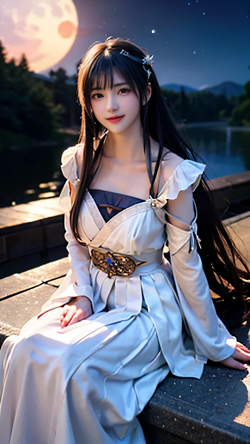 (logo、masterpiece、8k、Tabletop、RAW Photos、wonderful、最high quality、Photorealistic and very detailed CG composite 8k wallpaper、high quality、Very detailed、Narrative poem、Particle Effects、Dynamic Effects、Depth of the Boundary)What is written is、Cinematic Light、Lens flare、Ray Tracing)、Fantasy、(Purple Dress)、(night、Night Sky、Starry Sky、full moon)、(Girl looking up at the sky)、sit、cute、Japanese style、 (smile)、Long Hair、Strong winds、(Hair blowing in the wind)、(White Dress)、Natural light、moonlight、(Horizontal photography)、(chest emphasis)、(Low position)、(Low - Angle)