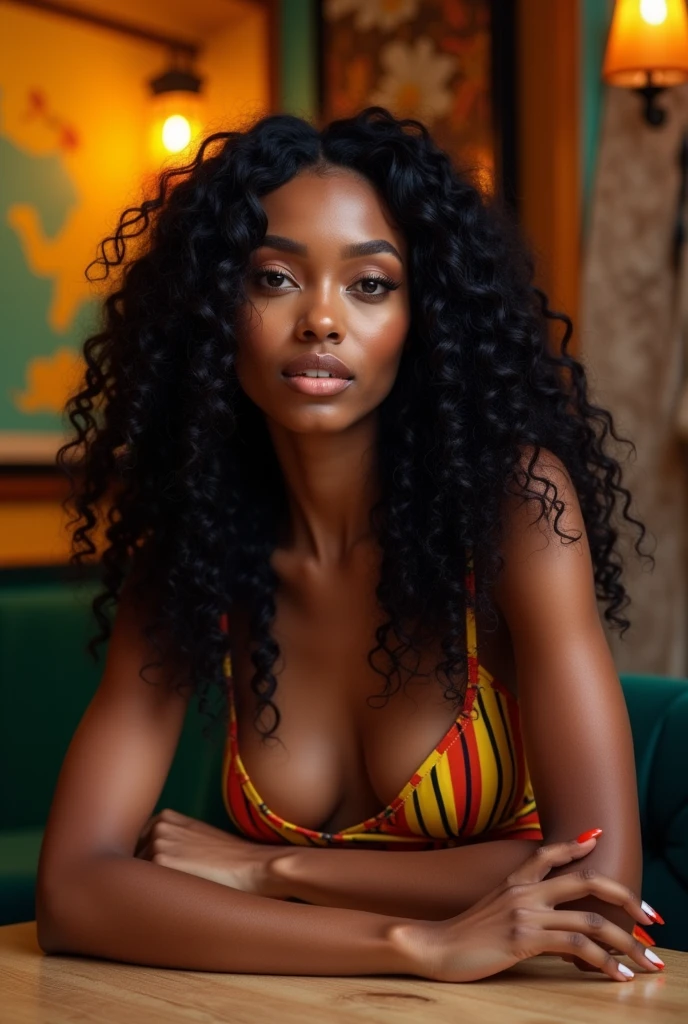 there is a black woman , the woman has curly black curly, she has dark skin, with dark brownish skin, with long curly, long black curly hair she is at a restaurant in Jamaica 🇯🇲