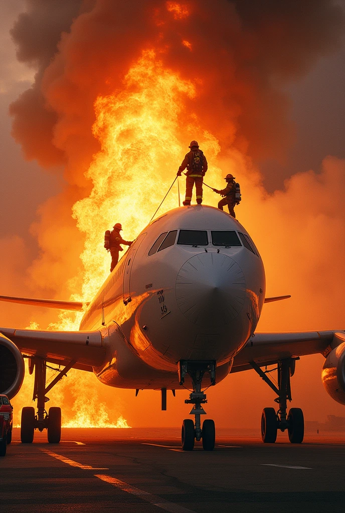 Plane on fire and firefighters on top 