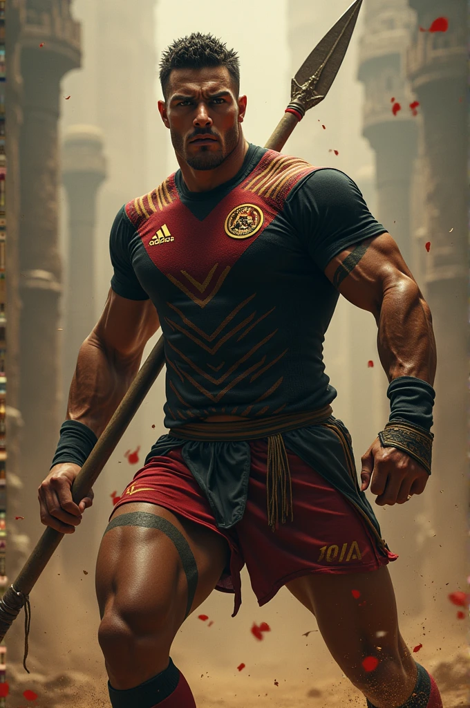 Mexican rugby player with spear in hand and black and red uniform