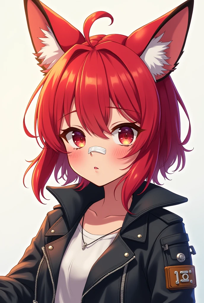With fox ears、Redhead wearing a rider jacket、Girl with a bandaid on her nose Anime Style