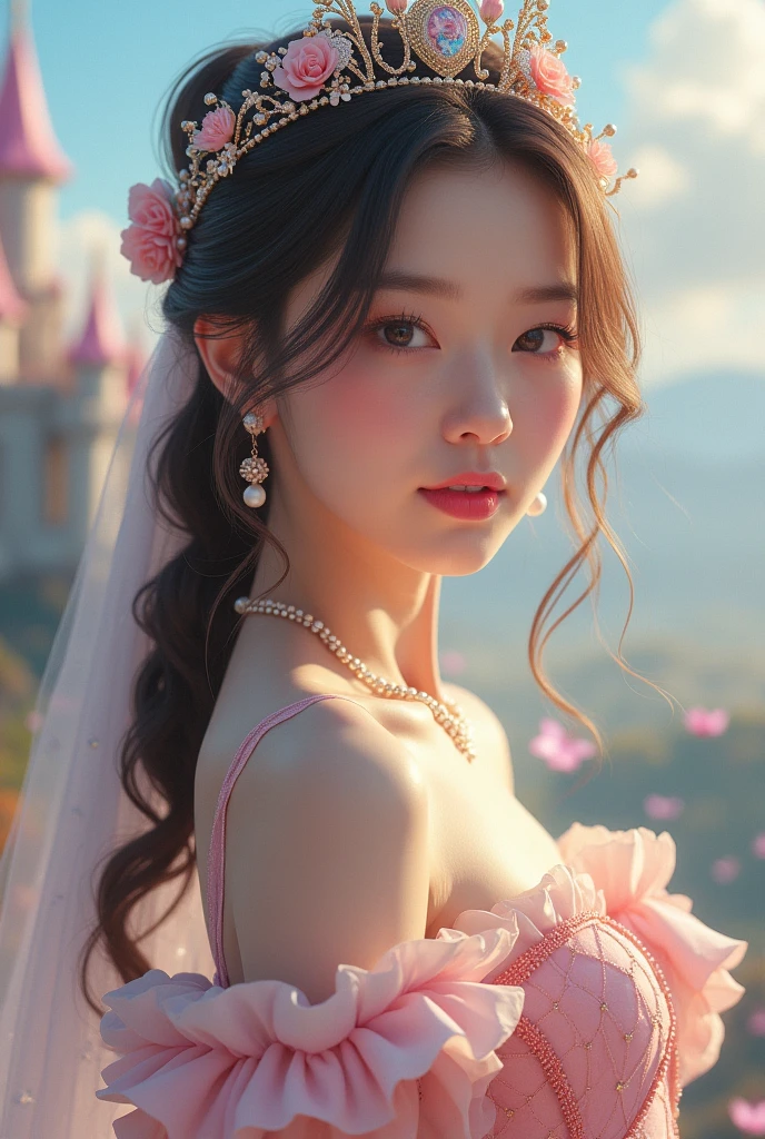 Jennie Kim, 1girl, beautiful detailed eyes, beautiful detailed lips, extremely detailed facial features, long eyelashes, princess dress, elegant pose, cinematic lighting, soft pastel colors, fantasy landscape, castle, (best quality,4k,8k,highres,masterpiece:1.2),ultra-detailed,(realistic,photorealistic,photo-realistic:1.37),digital painting,concept art