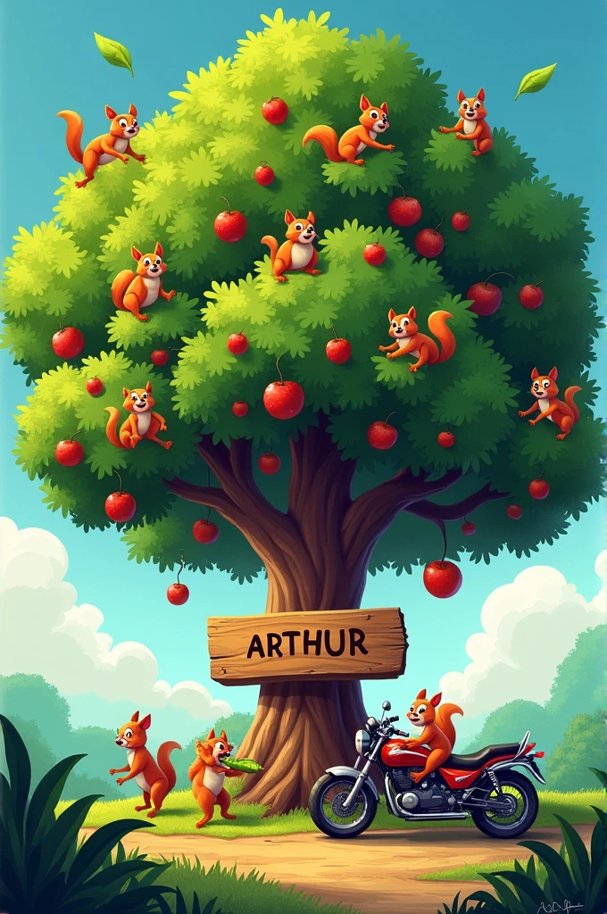 Create a pitimba tree laden with fruit with a sign that says ARTHUR and squirrels of the sex, and a motorcycle under the tree