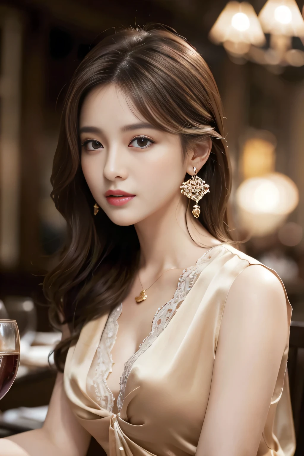 masterpiece, Highest quality, Realistic, Very detailed, Finer details, High resolution, 8k wallpaper, One beautiful woman, Wear a pretty colored silk shirt, In a great restaurant, At night, Light brown messy hair, Perfect dynamic composition, Beautiful and beautiful eyes、Big earrings、chest、Sleeveless shirt、