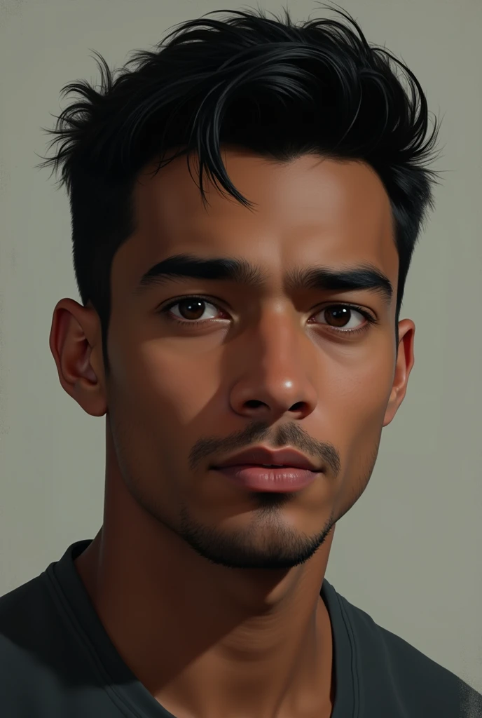 Dark-skinned man,Brown eyes ,short black hair swept back, round face , normal eyebrows,Latin Venezuelan, small wide nose without a moustache with a chin on the jaw