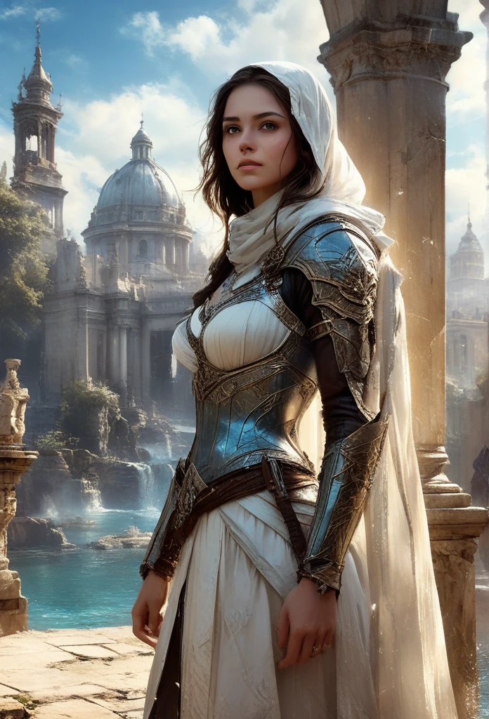 A very detailed, ilustrACión cinematográfica de un asesino del universo de Assassin's Creed:1.4, He wears a striking white hooded cloak and a hidden blade, Facing a temperamental, atmospheric background, iluminACión dramática, intricate and ornate architecture, photorealistic, Digital art, concept art style.AC_neg1