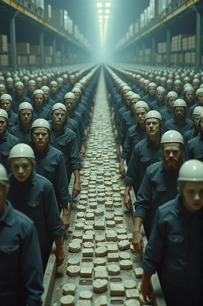 **Description of Charge:**
The image shows a production line in a factory. On one side, a conveyor belt carries people, who enter the factory with individual expressions and varied clothing. on the other side, identical products come out, all with the same shape, color and label, symbolizing the "merchandise". As pessoas, as they pass by the factory, also come out transformed, wearing identical clothes and with blank expressions, as if they had lost their identity.
**Legend:** "In the age of mass production, even people become products."