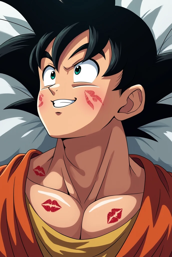 Toriyama anime style,Adult Goku with his face up to his neck covered in various kiss marks with a passionate and loving expression,and a slight smile, looking forward