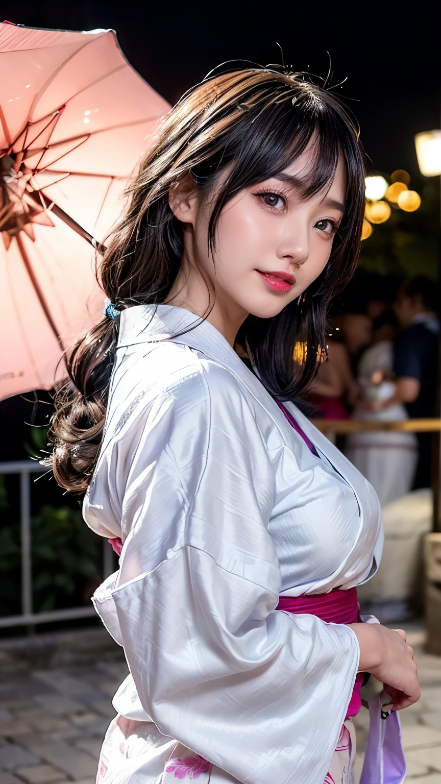 (logo、masterpiece、8k、Tabletop、RAW Photos、wonderful、最high quality、フォトリアリスティックでVery detailedな CG 複合 8k 壁紙、high quality、Very detailed、Narrative poem、Particle Effects、Dynamic Effects、Depth of the Boundary、Cinematic Light、Lens flare、Ray Tracing)、 (One beautiful woman wearing a yukata、White yukata、Light purple pattern)、Black-haired、High definition skin、Very fine、Fine skin texture、Beautiful Face、True Face、Beautiful details in the eyes、Realistic eyes、Beautifully detailed eyes、Realistic Skin、Beautiful Skin、Surreal、Smiling Eyes、Hair and light eyes、vivid、Colorful lights and bokeh、plump lower lip、Pink Lips、Hair flutters in Wind、Hair bounces、wonderful景色、night、evening、Wind、moonlight、moonlight、light