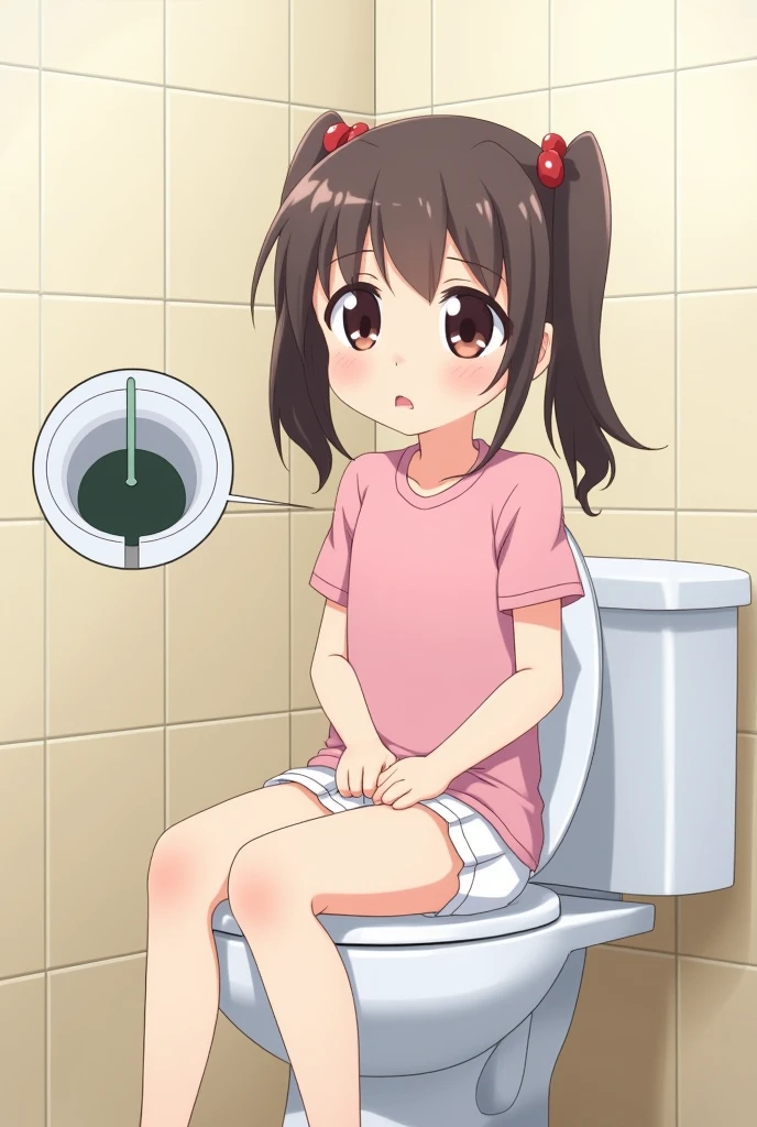 A 6-year-old girl with a twintail hairstyle (two side-up) is sitting on a toilet. She is wearing a pink shirt and a white skirt, and she has her underwear on. The girl has a slightly embarrassed yet calm expression as she urinates while still wearing her underwear. The bathroom is simple with light-colored tiles on the walls. In a small circular inset (wipe), there is a perspective from inside the toilet bowl, showing the stream of urine hitting her underwear from below. The image is in an anime style, with soft colors and gentle lighting that emphasizes the innocence and subtle tension of the moment.
