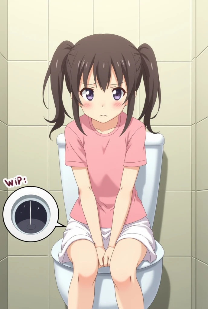 A with a twintail hairstyle (two side-up) is sitting on a toilet. She is wearing a pink shirt and a white skirt, and she has her underwear on. The girl has a slightly embarrassed yet calm expression as she urinates while still wearing her underwear. The bathroom is simple with light-colored tiles on the walls. In a small circular inset (wipe), there is a perspective from inside the toilet bowl, showing the stream of urine hitting her underwear from below. The image is in an anime style, with soft colors and gentle lighting that emphasizes the innocence and subtle tension of the moment.