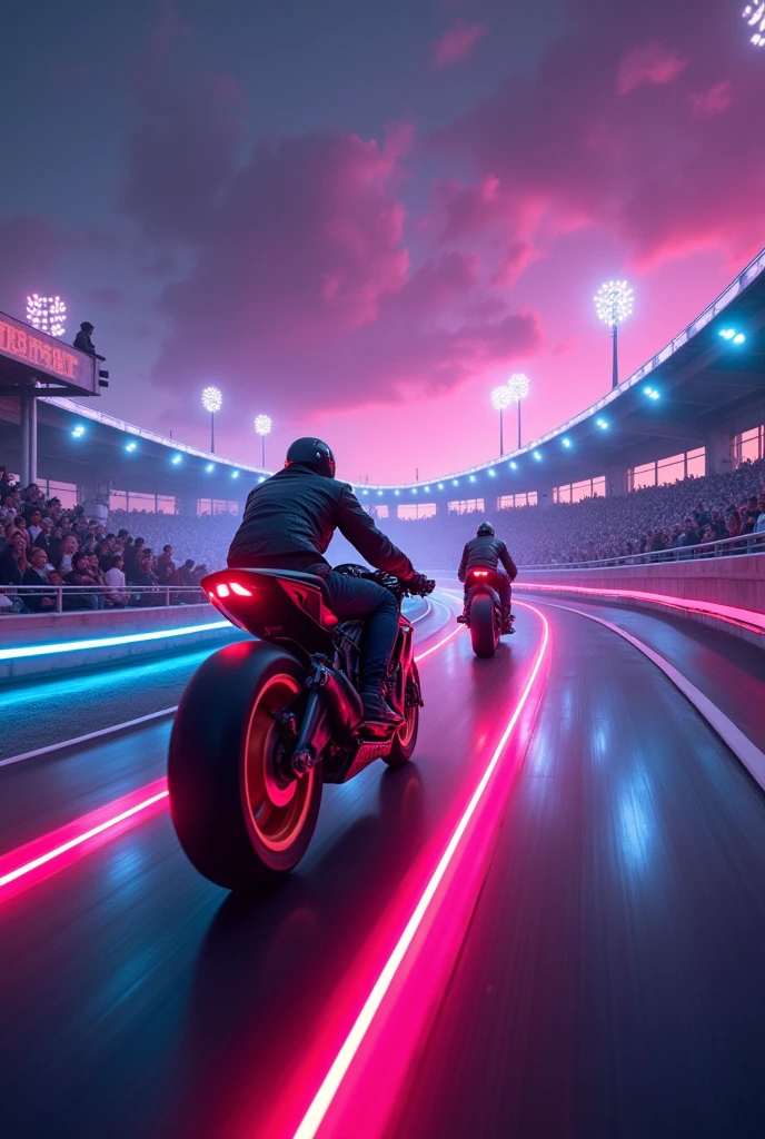 Tron style motorcycles racing on a track in the sky with stands with many people at night with purple sky