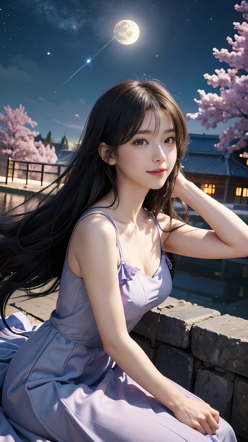 (logo、masterpiece、8k、Tabletop、RAW Photos、wonderful、最high quality、フォトリアルでVery detailedなCG合成8k壁紙、high quality、Very detailed、Narrative poem、Particle Effects、Dynamic Effects、Depth of the Boundary)What is written is、Cinematic Light、Lens flare、Ray Tracing)、Fantasy、(Purple Dress)、(night、night空、Starry Sky、full moon)、(Girl looking up at the sky)、sit、cute、Japanese style、 (smile)、Long Hair、Strong winds、(Hair blowing in the wind)、(White Dress)、Natural light、moonlight、(Horizontal photography)、(chest emphasis)、(Low position)、(Low - Angle)