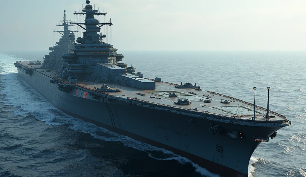 (photorealism:1.2), (Epic), Battleship/aircraft carrier, futuristic battleship, military battleship, laser canons, energy shield, 7000 mts length 