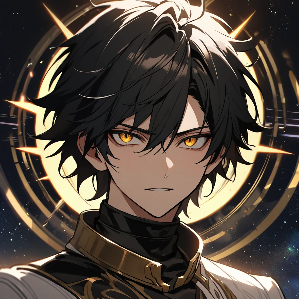 High quality, HD, 4k, no shadows, handsome male, handsome, 1male, 17 years old, teenager, jet black hair, short black hair, dark hair, black hair, jet black hair, sharp eyes, deep gold colored eyes, dark golden colored eyes, deep gold eyes, gold eyes, devil may cry, close up, calm expression, stoic expression, black leather clothes, white leather clothing, lean body, well trained body, upper body, looking at viewer, cowboy shot, white solar, space background