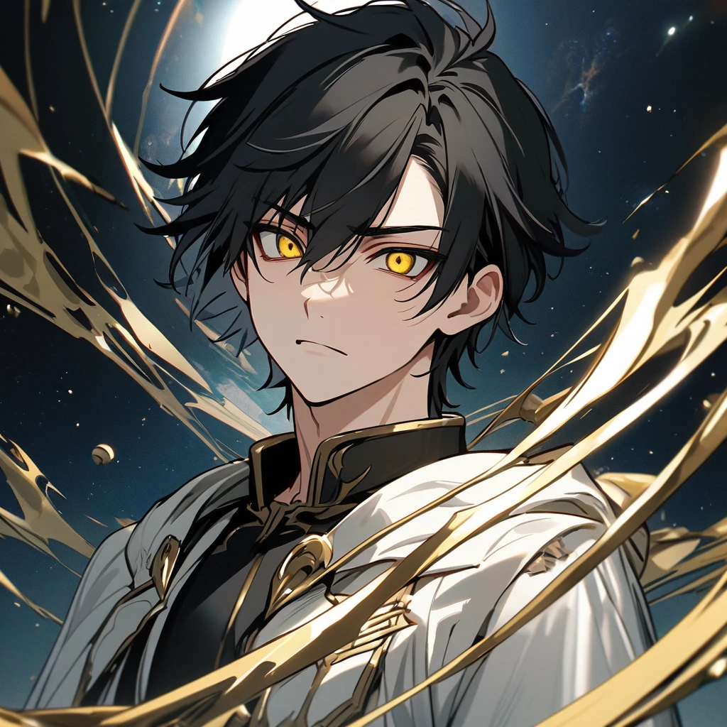 High quality, HD, 4k, no shadows, handsome male, handsome, 1male, 17 years old, teenager, jet black hair, short black hair, dark hair, black hair, jet black hair, sharp eyes, deep gold colored eyes, dark golden colored eyes, deep gold eyes, gold eyes, devil may cry, close up, calm expression, stoic expression, black leather clothes, white leather clothing, lean body, well trained body, upper body, looking at viewer, cowboy shot, white solar, space background