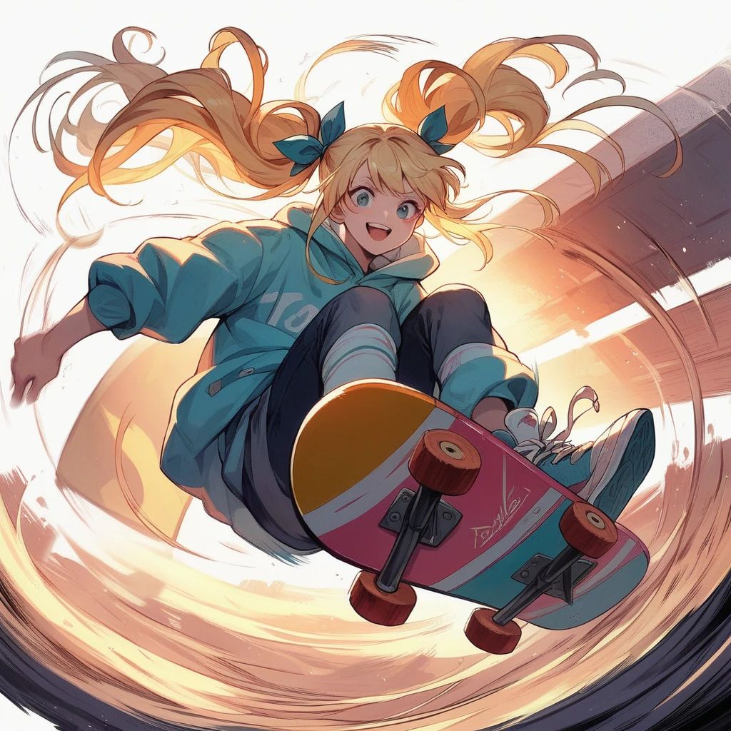 Masterpiece, top quality, highly detailed, extremely detailed, ultra realistic, anime style illustration with bold brush strokes. Cinematic lighting, girl flipping during skateboarding competition, blonde pigtails, smiling face, motion blur.