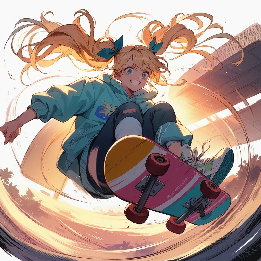 Masterpiece, top quality, highly detailed, extremely detailed, ultra realistic, anime style illustration with bold brush strokes. Cinematic lighting, girl flipping during skateboarding competition, blonde pigtails, smiling face, motion blur.