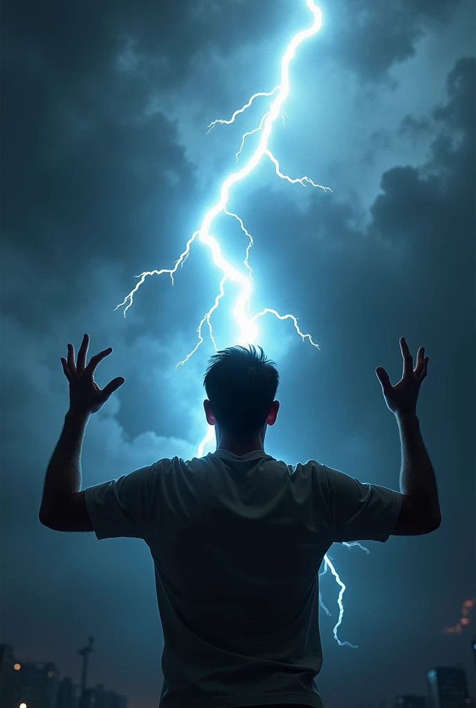 Image of a man from behind, with arms in emoji position "shrug" (shrug your shoulders), which we call "I don't know" in Brazil. And in the image, lightning is falling on his head