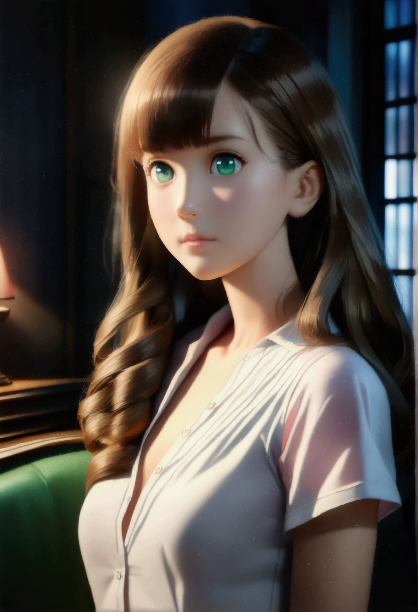 beautiful woman, ((portrait)), ((detailed face:1.2)), ((Anime Face, anime черта лица, Clean skin, глянцевые anime губы, Clean skin), (long beautiful straight slightly curled hair, brown-haired: 1.55), ((green eyes)) (perfectly proportional body, slim waist, narrow hips,, 2 bust size), arched back (wear a white short-sleeve button-down blouse, unbuttoned, (short pleated pink skirt:1.15), For Girls, (detailed living room background:1.1), on the couch, vacationist, (realistic photo, Best quality, detailed), (8k wallpaper), (cinematic lighting, beautiful light, (night:1.3)) (Sharp Focus, difficult) ((( 2d, anime ))) ((( unreal engine 5, glare, effects, incredible 2d render ))