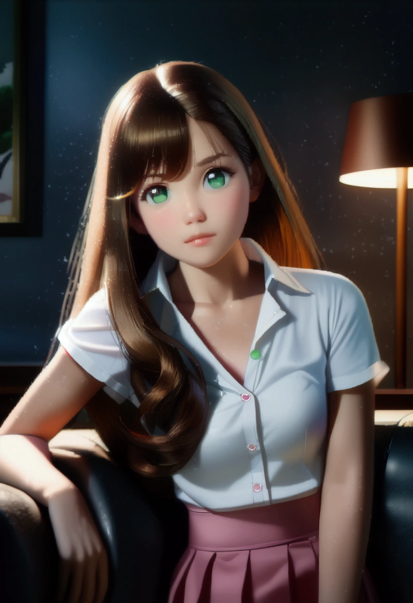 beautiful woman, ((portrait)), ((detailed face:1.2)), ((Anime Face, anime черта лица, Clean skin, глянцевые anime губы, Clean skin), (long beautiful straight slightly curled hair, brown-haired: 1.55), ((green eyes)) (perfectly proportional body, slim waist, narrow hips,, 2 bust size), arched back (wear a white short-sleeve button-down blouse, unbuttoned, (short pleated pink skirt:1.15), For Girls, (detailed living room background:1.1), on the couch, vacationist, (realistic photo, Best quality, detailed), (8k wallpaper), (cinematic lighting, beautiful light, (night:1.3)) (Sharp Focus, difficult) ((( 2d, anime ))) ((( unreal engine 5, glare, effects, incredible 2d render ))