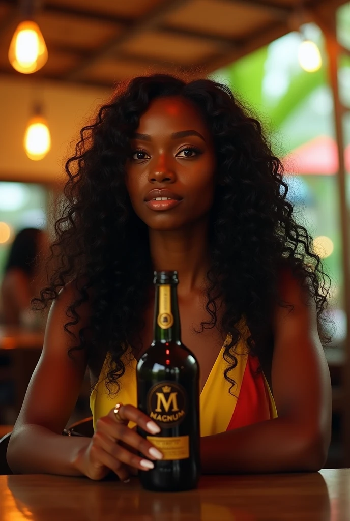 there is a black woman , the woman has curly black curly, she has dark skin, with dark brownish skin, with long curly, long black curly hair she is at a restaurant in Jamaica 🇯🇲 whilst holding a bottle of magnum