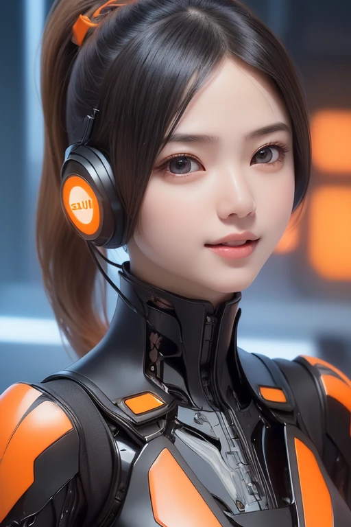 Top Quality, Masterpiece, Ultra High Resolution, (Photorealistic: 1.4), Raw Photo, 1 Girl, Black Hair, Glossy Skin, 1 Mechanical Girl, (((Ultra Realistic Details)), Portrait, Global Illumination, Shadows, Octane Rendering, 8K, Ultra Sharp, Intricate Ornaments Details, realistic skin, sweat effect, ((wearing Headphone)), very intricate detail, realistic light, CGSoation trend, brown eyes, glowing eyes, matte black and glossy orange mechanical bodysuit, Long hair, black hair, Ponytail hair, Half body shot, spaceship bridge background, dynamic pose, cute smile, close up, Open Mouth, facing audience