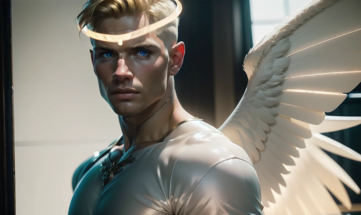 [((highly detailed, detailed eyes, detailed face, clear and realistic facial features, photorealistic, realistic light, cinematic)), (1 man), (((((Gorgeous perfect sexy powerful masculine male angel))))), (((two wings sprouting from behind his back))), ((faint halo)), ((((short blond hair, faintly glowing eyes with white iris)))), ((35 years old)), ((wearing flattering angelic clothes)), (((aura of divine power))), standing in a cozy apartment at nighttime, ((light blush)), (((wearing a clearly indignant expression)))]