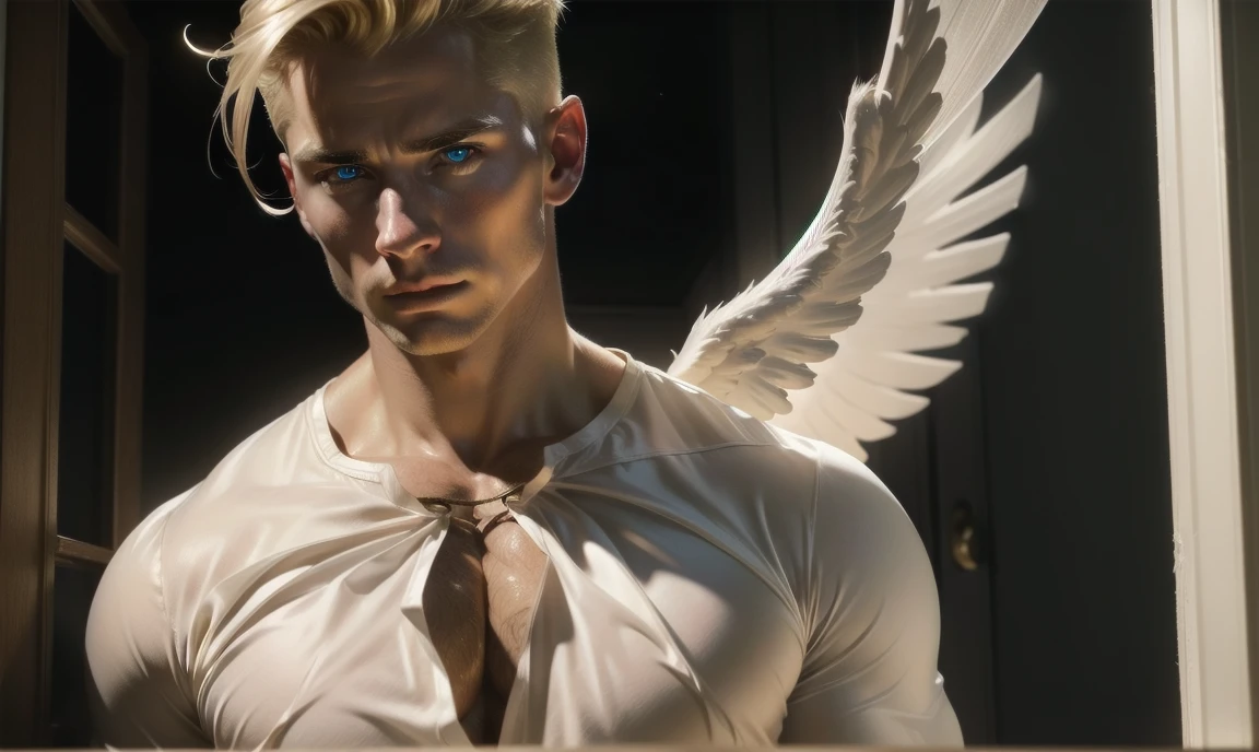 [((highly detailed, detailed eyes, detailed face, clear and realistic facial features, photorealistic, realistic light, cinematic)), (1 man), (((((Gorgeous perfect sexy powerful masculine male angel))))), (((two wings sprouting from behind his back))), ((faint halo)), ((((short blond hair, faintly glowing eyes with white iris)))), ((35 years old)), ((wearing flattering angelic clothes)), (((aura of divine power))), standing in a cozy apartment at nighttime, ((light blush)), (((wearing a clearly indignant expression)))]