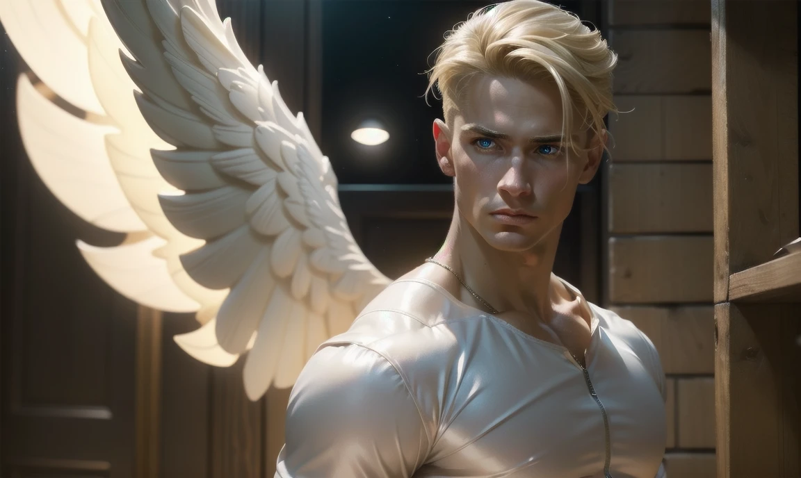 [((highly detailed, detailed eyes, detailed face, clear and realistic facial features, photorealistic, realistic light, cinematic)), (1 man), (((((Gorgeous perfect sexy powerful masculine male angel))))), (((two wings sprouting from behind his back))), ((faint halo)), ((((short blond hair, faintly glowing eyes with white iris)))), ((35 years old)), ((wearing flattering angelic clothes)), (((aura of divine power))), standing in a cozy apartment at nighttime, ((light blush)), (((wearing a clearly indignant expression)))]