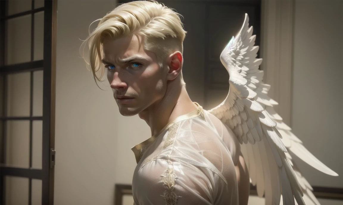 [((highly detailed, detailed eyes, detailed face, clear and realistic facial features, photorealistic, realistic light, cinematic)), (1 man), (((((Gorgeous perfect sexy powerful masculine male angel))))), (((two wings sprouting from behind his back))), ((faint halo)), ((((short blond hair, faintly glowing eyes with white iris)))), ((35 years old)), ((wearing flattering angelic clothes)), (((aura of divine power))), standing in a cozy apartment at nighttime, ((light blush)), (((wearing a clearly indignant expression)))]