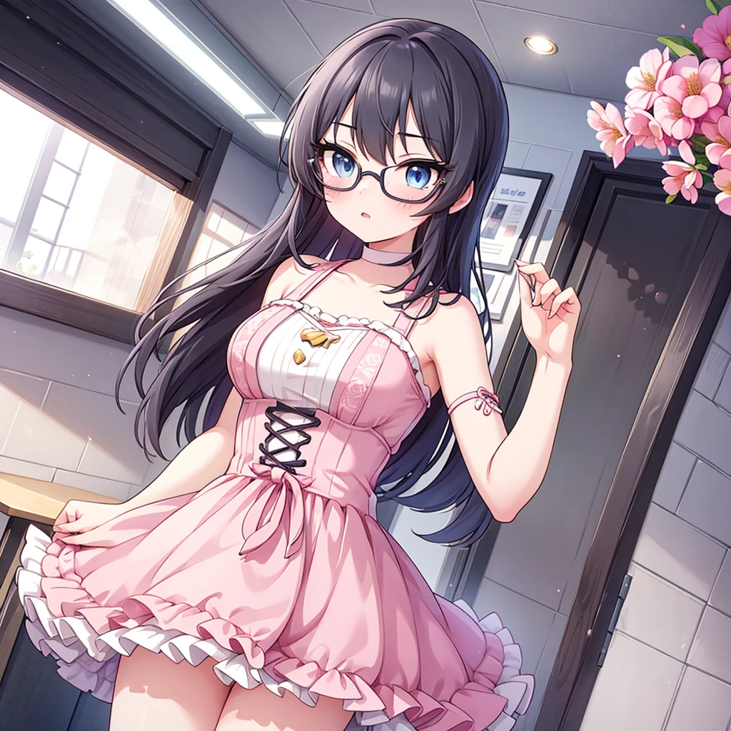  girl

Bella: *blushes violently* Um... I'm short and thin with messy black hair that falls to my shoulders. I have bright blue eyes behind my round glasses. My lightweight pale pink dress features delicate floral designs for a feminine touch, while the light pink tights