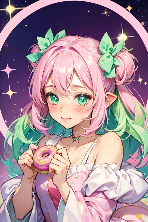 Lix is a pink GIRL donut-shaped dog with darker ears and blushed cheeks, purple frosting, and mint green paws.  SPARKLE; GLITTER