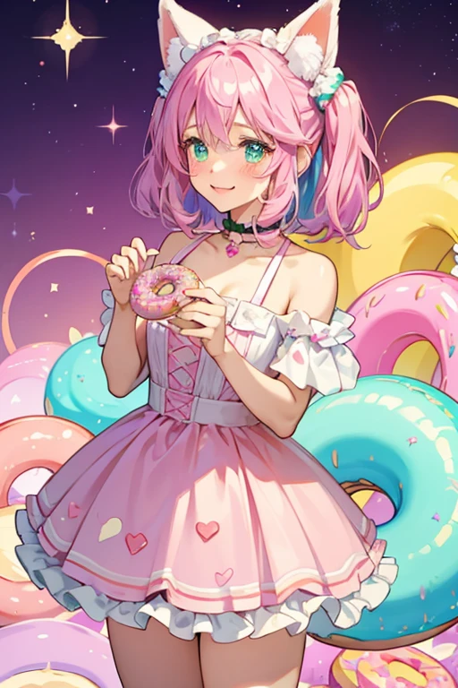 Lix is a pink GIRL donut-shaped dog with darker ears and blushed cheeks, purple frosting, and mint green paws.  SPARKLE; GLITTER