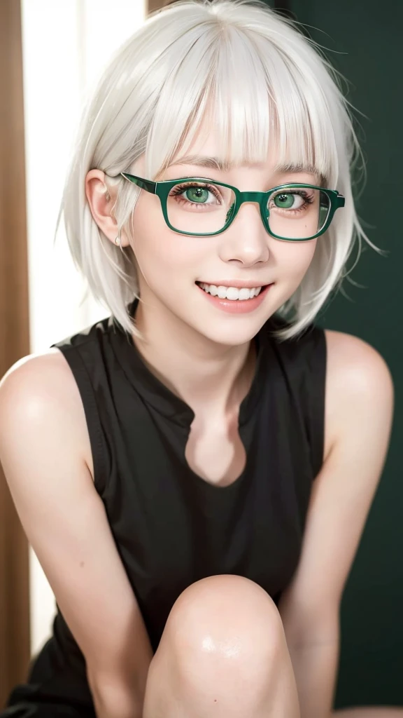 (representative work:1.4), (8K, realistic, RAW photo, Highest image quality:1.4), (20year old girl), 20 years old, (smile:1.4), (sexy:1.1), beautiful face, (realisticな顔), ((frameless glasses)), (white hair, medium hair:1.3), (medium hair:1.5), beautiful hairstyle, realistic eyes, tank top, Detailed and beautiful eyes, (realisticな肌), beautiful skin, (close up:1.1), charm, 超High resolution, (green eyes:1.3), glasslike eyes, model posing