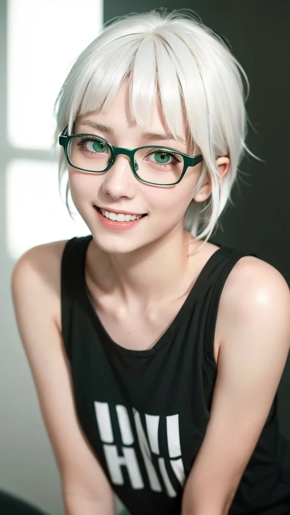 (representative work:1.4), (8K, realistic, RAW photo, Highest image quality:1.4), (20year old girl), 20 years old, (smile:1.4), (sexy:1.1), beautiful face, (realisticな顔), ((frameless glasses)), (white hair, medium hair:1.3), (medium hair:1.5), beautiful hairstyle, realistic eyes, tank top, Detailed and beautiful eyes, (realisticな肌), beautiful skin, (close up:1.1), charm, 超High resolution, (green eyes:1.3), glasslike eyes, model posing