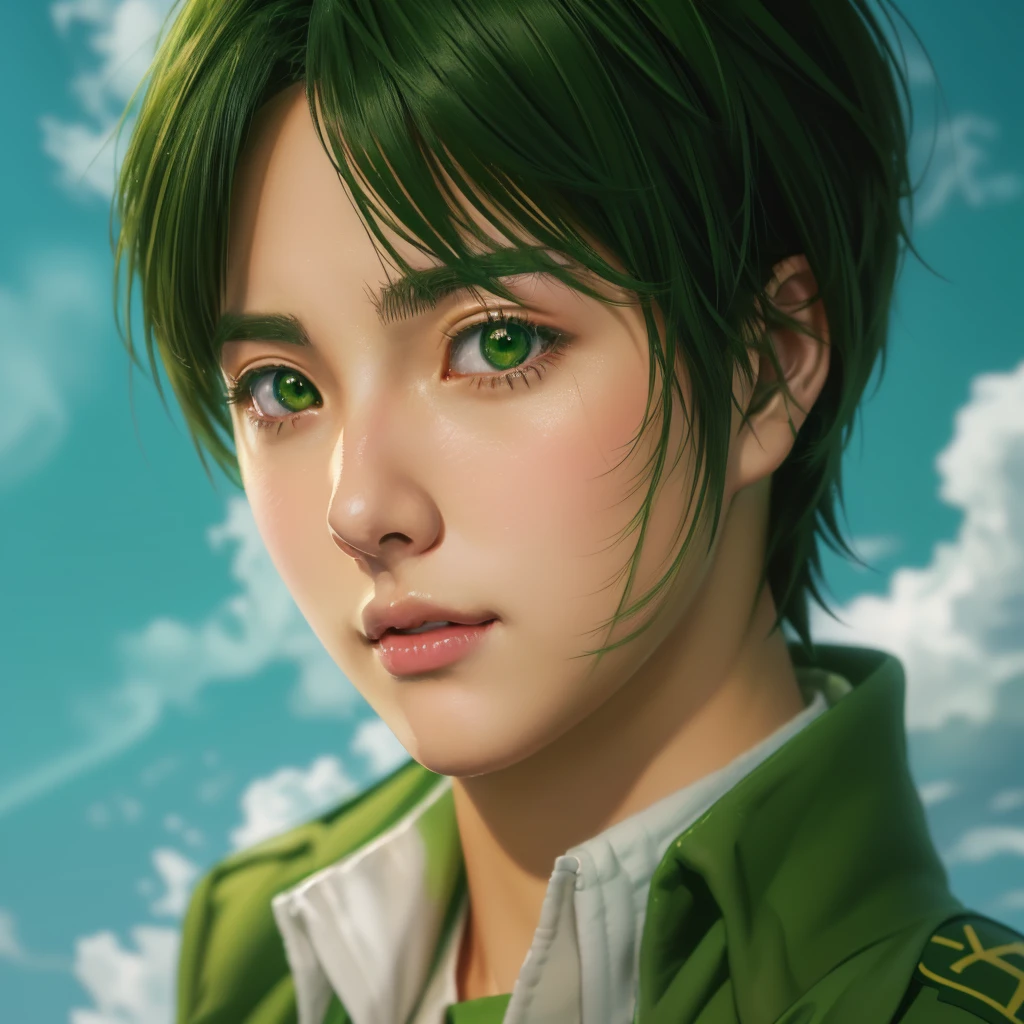 Anime girl with short hair and green jacket looking at camera, Anime Realism style, Realistic anime art style, Anime Realism, Gweiz-style artwork, Realistic Anime 3D Style, Cute realistic portrait, Created by Anime Painter Studio, Realistic anime art style, Makoto Shinkai ( Apex Legends ), Stunning Anime Face Portraits, Painted in an anime artist's studio