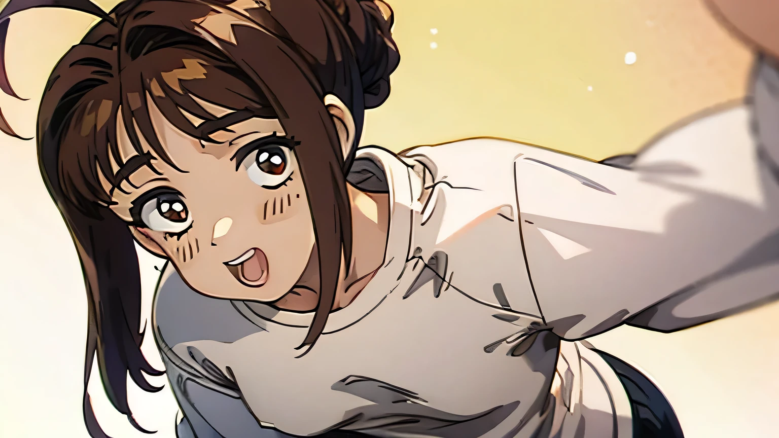 masterpiece , best quality , detailed , ((( 1 girl ))) , ( ash brown hair ) , ( single chignon hairstyle:1.3 ) , ahoge , The bangs are even , ( small breasts:1.3 ) , ( oversized white sweatshirts on tight black inner:1.3 ) , open mouth , smile , ( looking viewer ) , red eyes , from above , cowboy shots