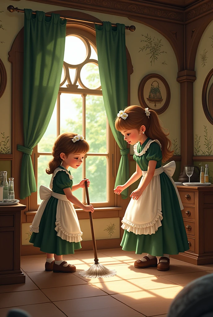 Cute brown haired teenage hobbit with small pointy ears wearing maid clothes cleaning a Rivendell style room with a female hobbit in Victorian housekeeper clothes.