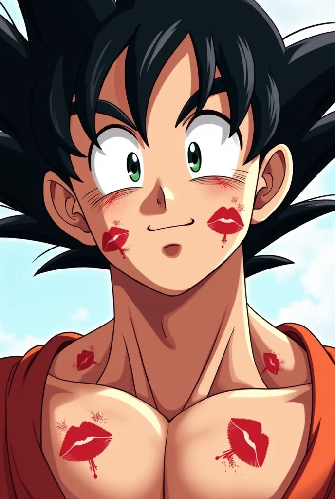 Toriyama anime style, Adult Goku with his face up to his neck covered in various kiss marks with a passionate and loving expression,and a slight smile, looking forward