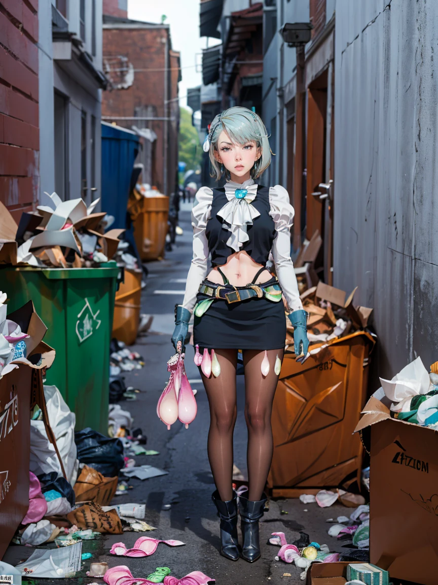 8k, ray tracing, vibrant colors, (1girl, solo), (aafranziska, light blue hair:1.5), black ascot, puffy sleeves, black pencil skirt, pantyhose, black gloves, jewelry, earrings, slim figure, masterpiece, sharp focus, Best Quality, depth of field, cinematic lighting, very detailed clothes, (used condoms, condom belt, used condom belt, condom hair ornament:1.6), abs, ((so embarrassed, blush)), elbow gloves, Perfect eyes, perfect hair, (standing in alleyway, garbage, dumpster, dump:1.4), Rich in details and textures, masterpiece, Best Quality, beautiful girl, Sun light, chiaroscuro, (perfect hands:0.7, Clean hands:0.7), ((((Professional photography)))), ((Dream)), Whole body