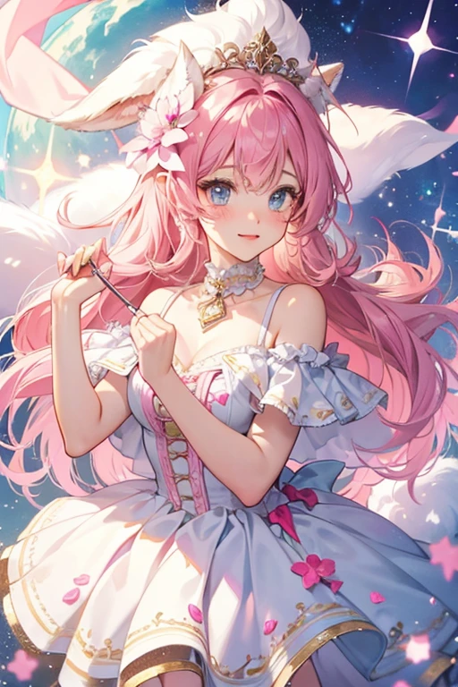 Jools is a fluffy pink GIRL donut-shaped llama with a white face, pale yellow ears and hooves, and pink blushed . SPARKLE; GLITTER