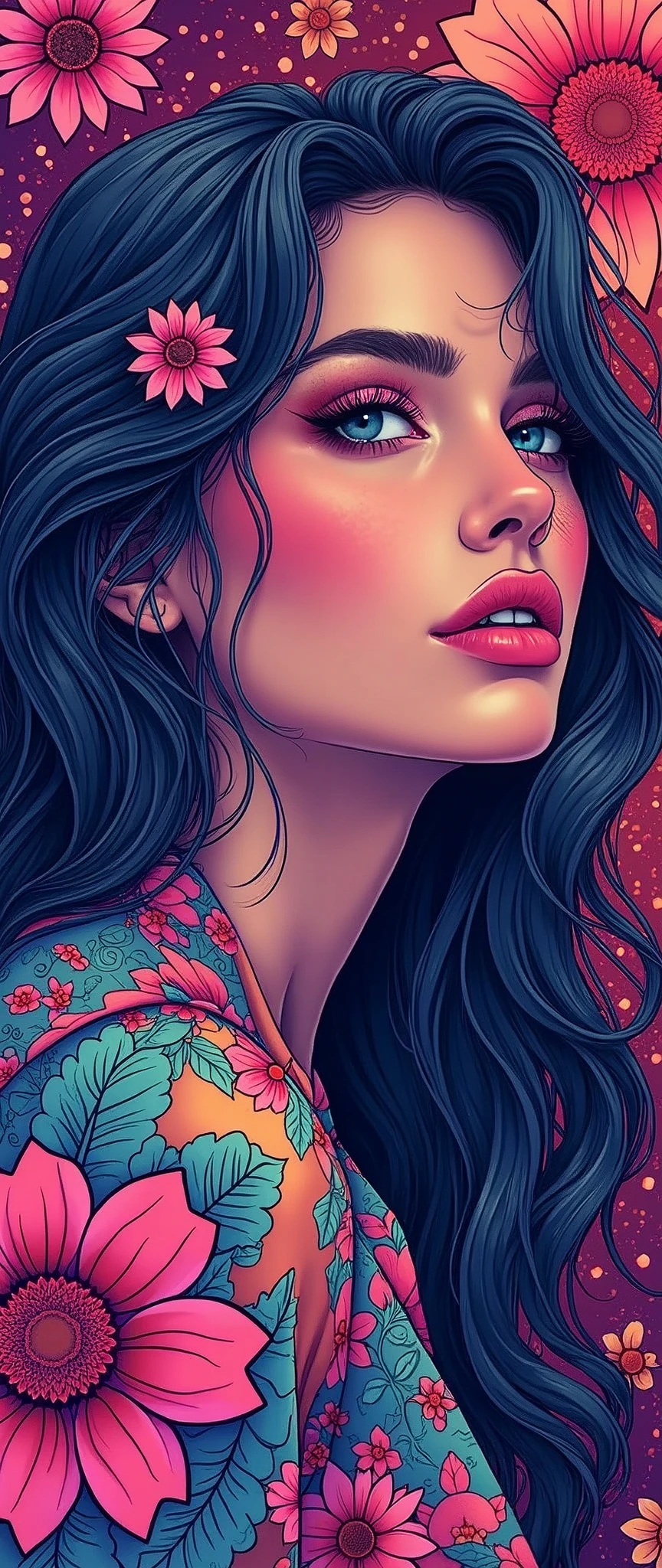 (masterpiece:1.2),(Highest quality),(Super detailed),(Ultra-high resolution),(Best illustrations),8k,wallpaper,(1 female),whole body,(Woman illustration,psychedelic,Neon color,Vector art,Layered textures,progressive),(Detailed hand drawing:1.5)